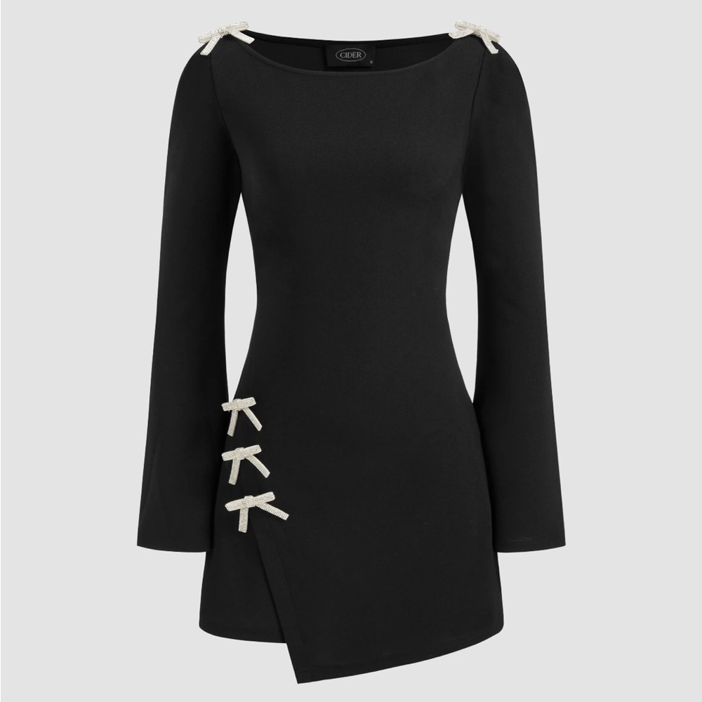 Cider Black Long Sleeve Dress with Cream Bow Details